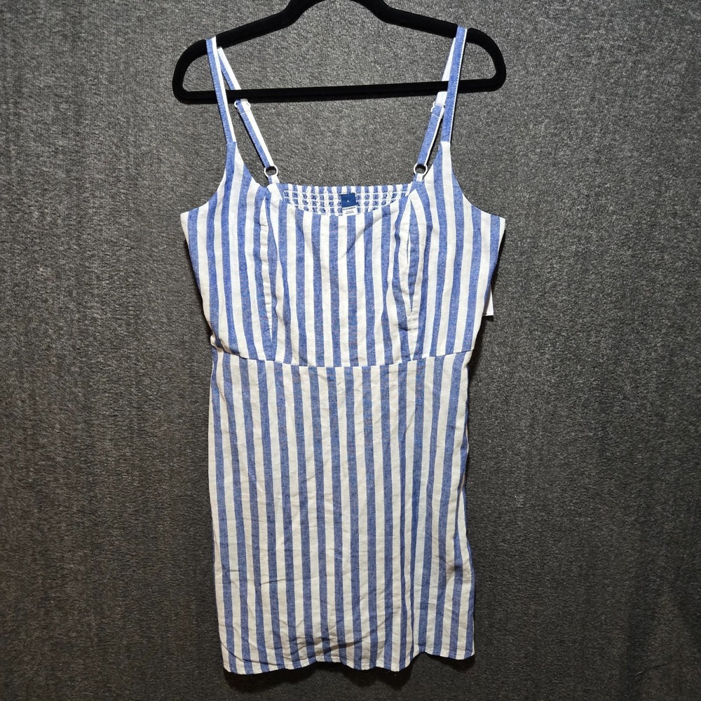 Old Navy Fit & Flare Linen-Blend Mini Dress Size L Pockets Blue White Stripe